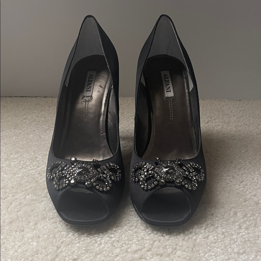 Alfani Black Peep-Toe Heels with Rhinestone Details
